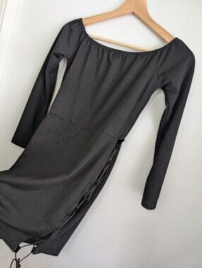 Pretty Little Thing Small Black Mini Dress Tie Up Side Bodycon Sexy Fitted Retro